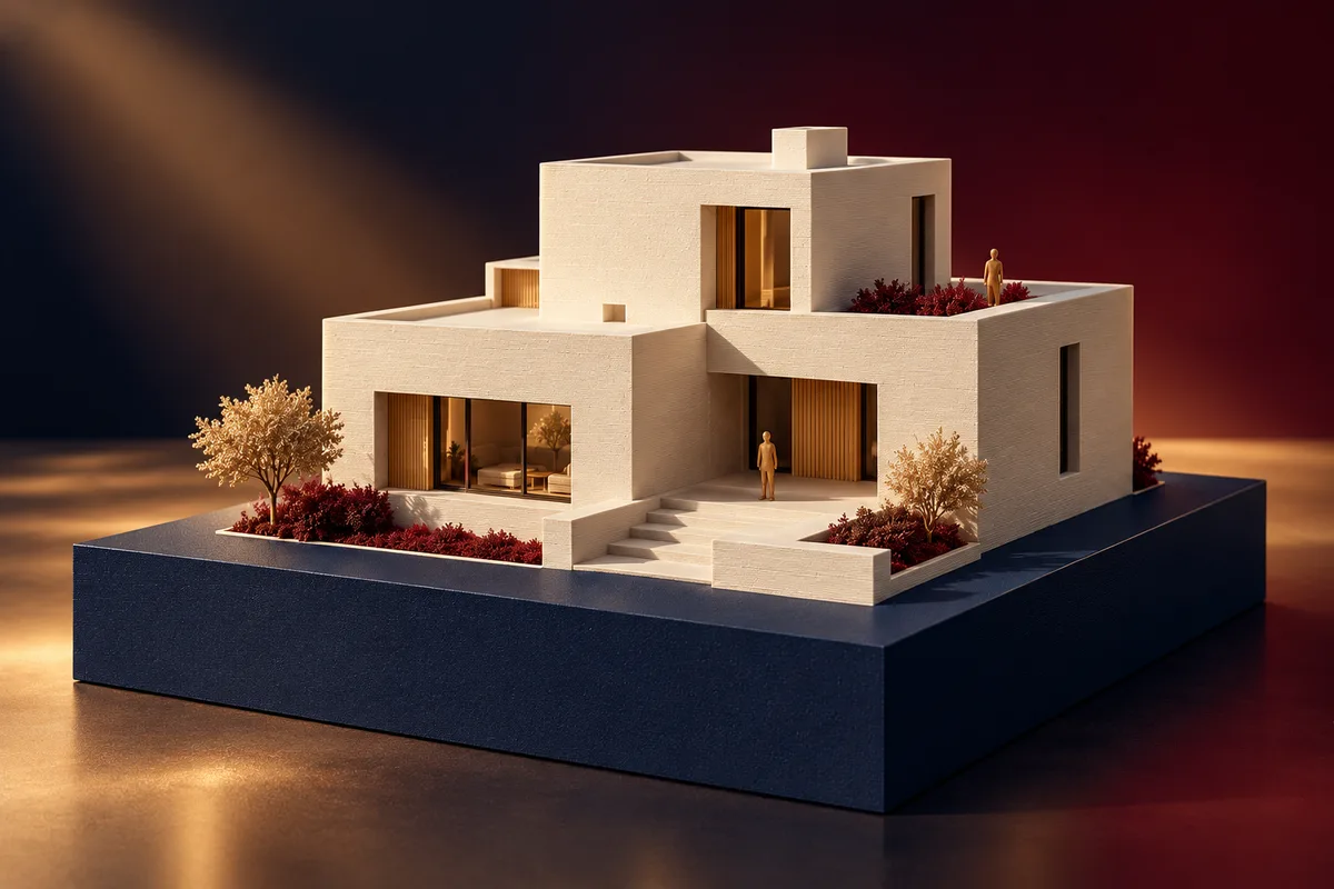 Concept image of an architectural model on a solid plinth